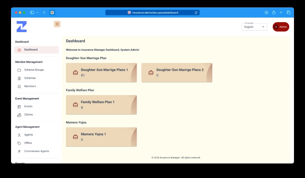 Admin dashboard showing scheme groups and member counts