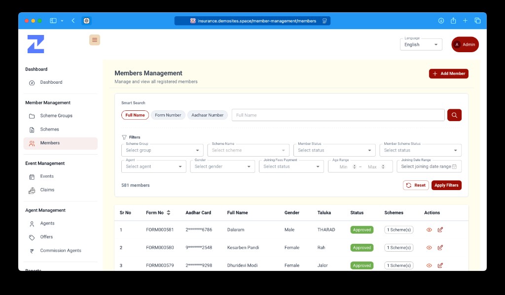 Members management list with search and filters