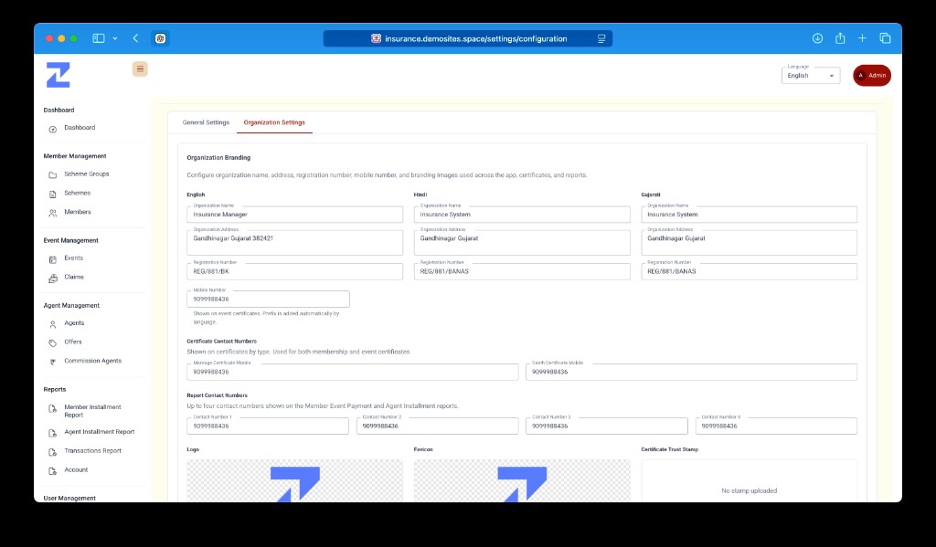 Organization branding and certificate contact settings