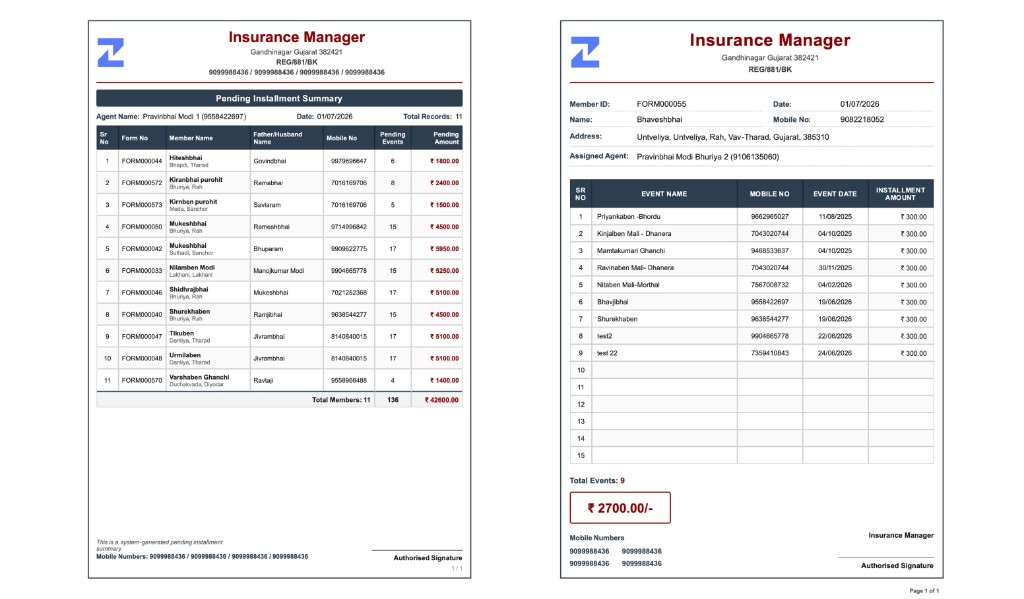 PDF reports — agent pending installment summary and member event payment report
